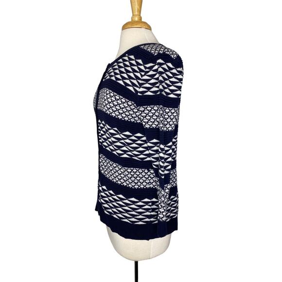 MERONA Nautical Blue Geometric Stripe Knit 100% Cotton Cardigan XL 3/4 Sleeve - Picture 2 of 10